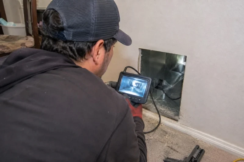 Person holding an inspection monitor beside an open rectangular wall duct