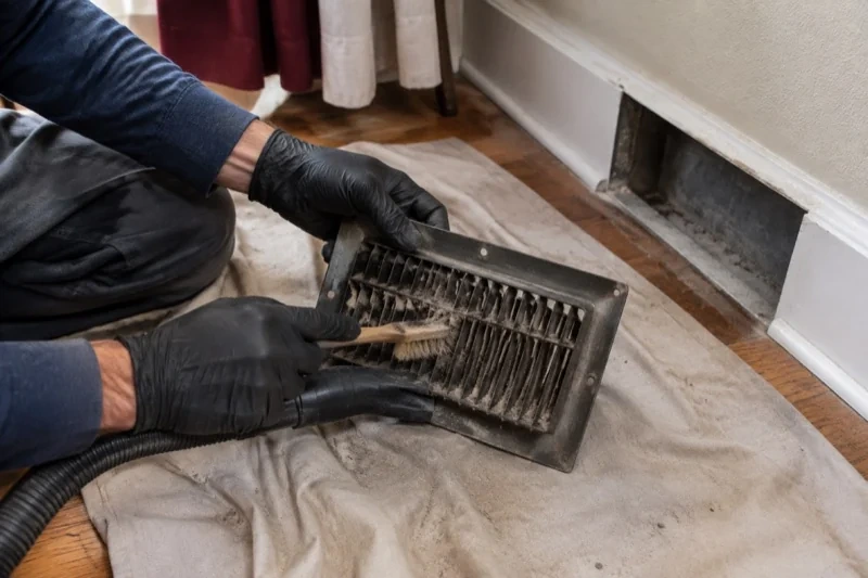 Gloved person brushing a detached vent grille on a drop cloth beside an open wall vent
