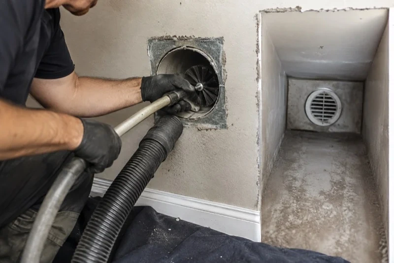 Person holding a brush and hose at a round wall-duct opening beside a rectangular recess